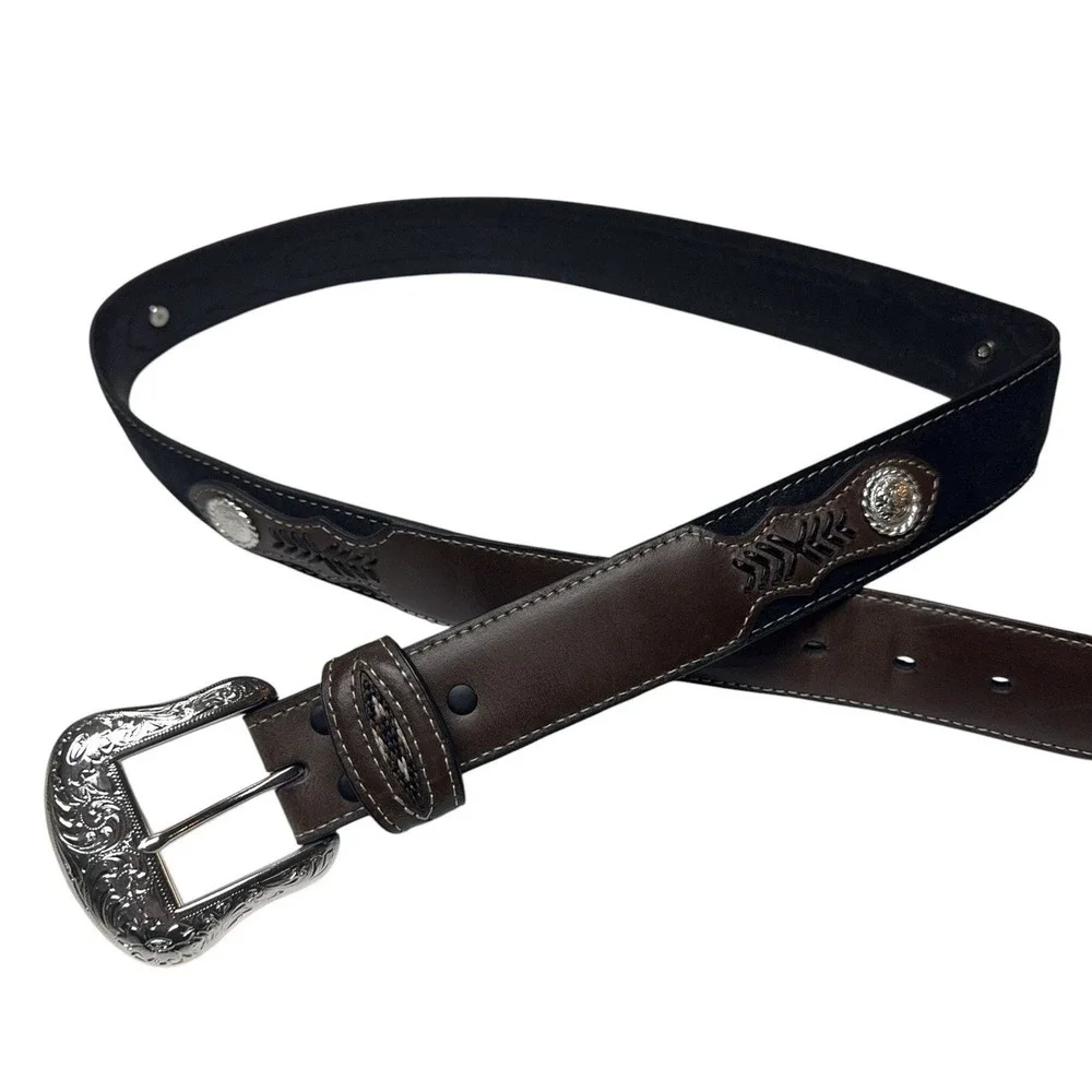 Vintage Western Leather Belt Tooled Brown Silver Buckle Cowboy Rodeo 38